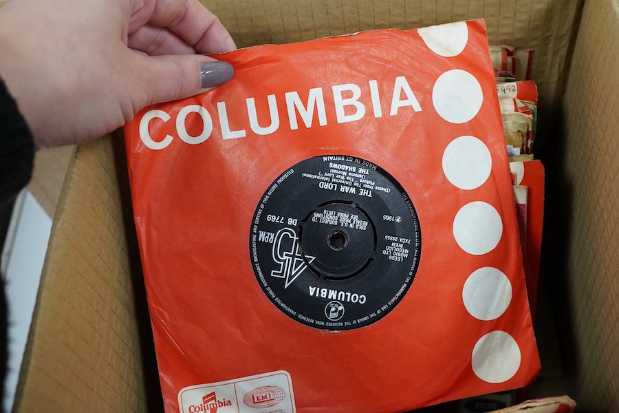Three boxes of 7 inch singles, all on the Columbia label, artists include; Cliff Richard and the Drifters, the Tarriers, Benny Goodman, Doris Day, Eddie Calvert, The Animals, the Shadows, Kathy Kirby, Hank Marvin, The Ba